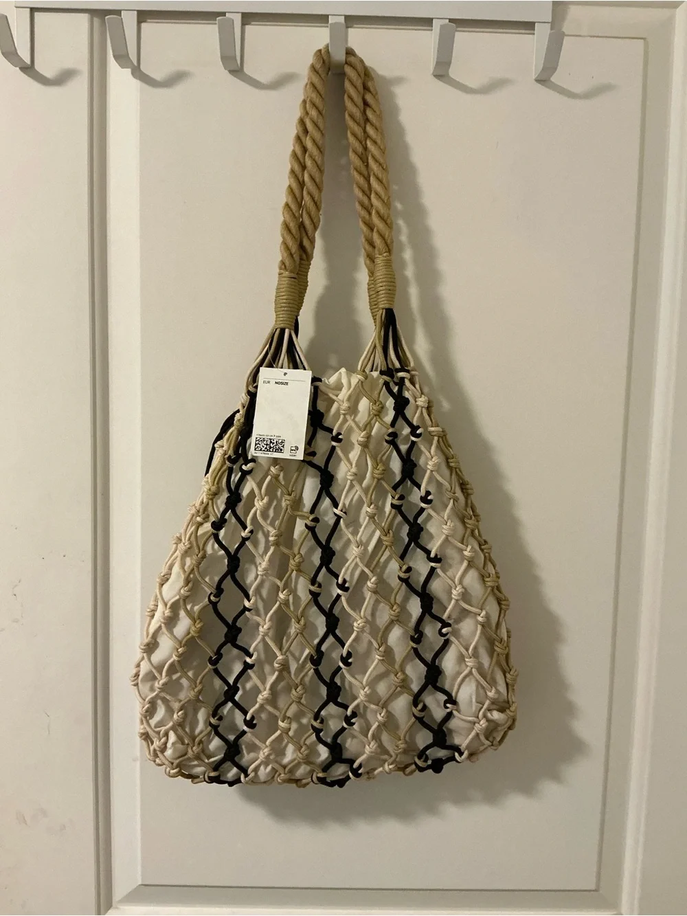 NWT H&M Cream and Black Woven Rope Macrame Net Shoulder Bag